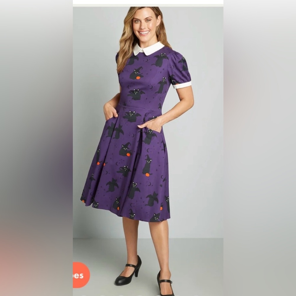 ModCloth Halloween Purple Cats Bats Pumpkins, Vampires A-Line Dress